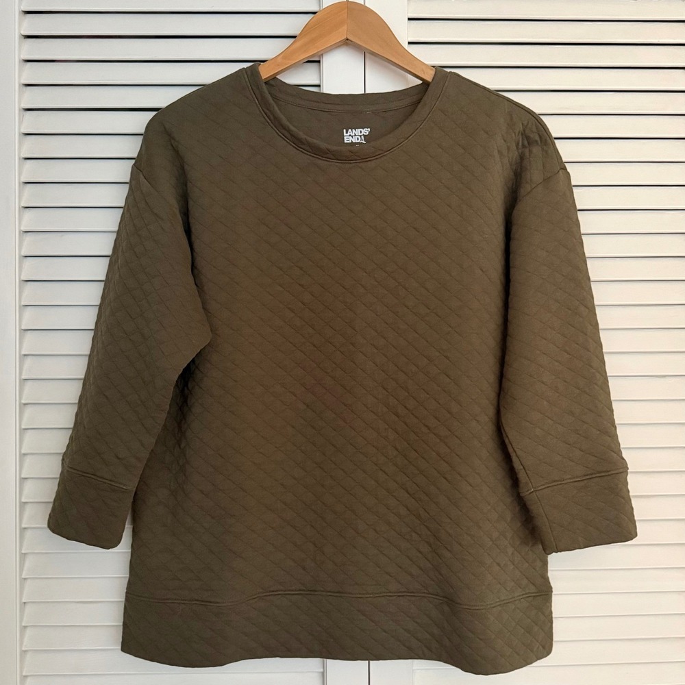 Lands End Womens Olive‎ Green Quilted Diamond Sweatshirt Crew Neck Size M 10-12